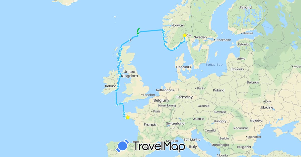 TravelMap itinerary: driving, bus, cycling, boat in France, United Kingdom, Ireland, Norway (Europe)