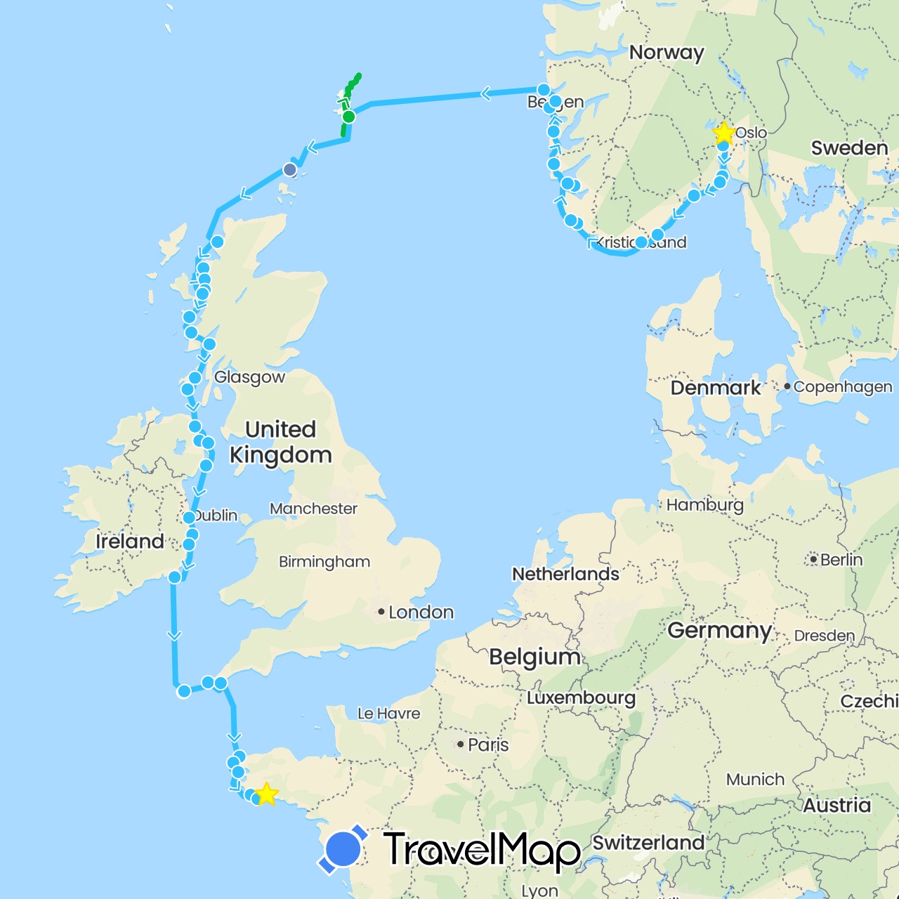 TravelMap itinerary: driving, bus, cycling, boat in France, United Kingdom, Ireland, Norway (Europe)