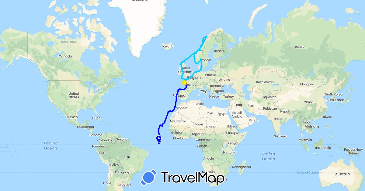 TravelMap itinerary: driving, 2025, 2026 in Cape Verde, Germany, Denmark, Spain, France, United Kingdom, Guernsey, Morocco, Norway, Portugal, Sweden (Africa, Europe)