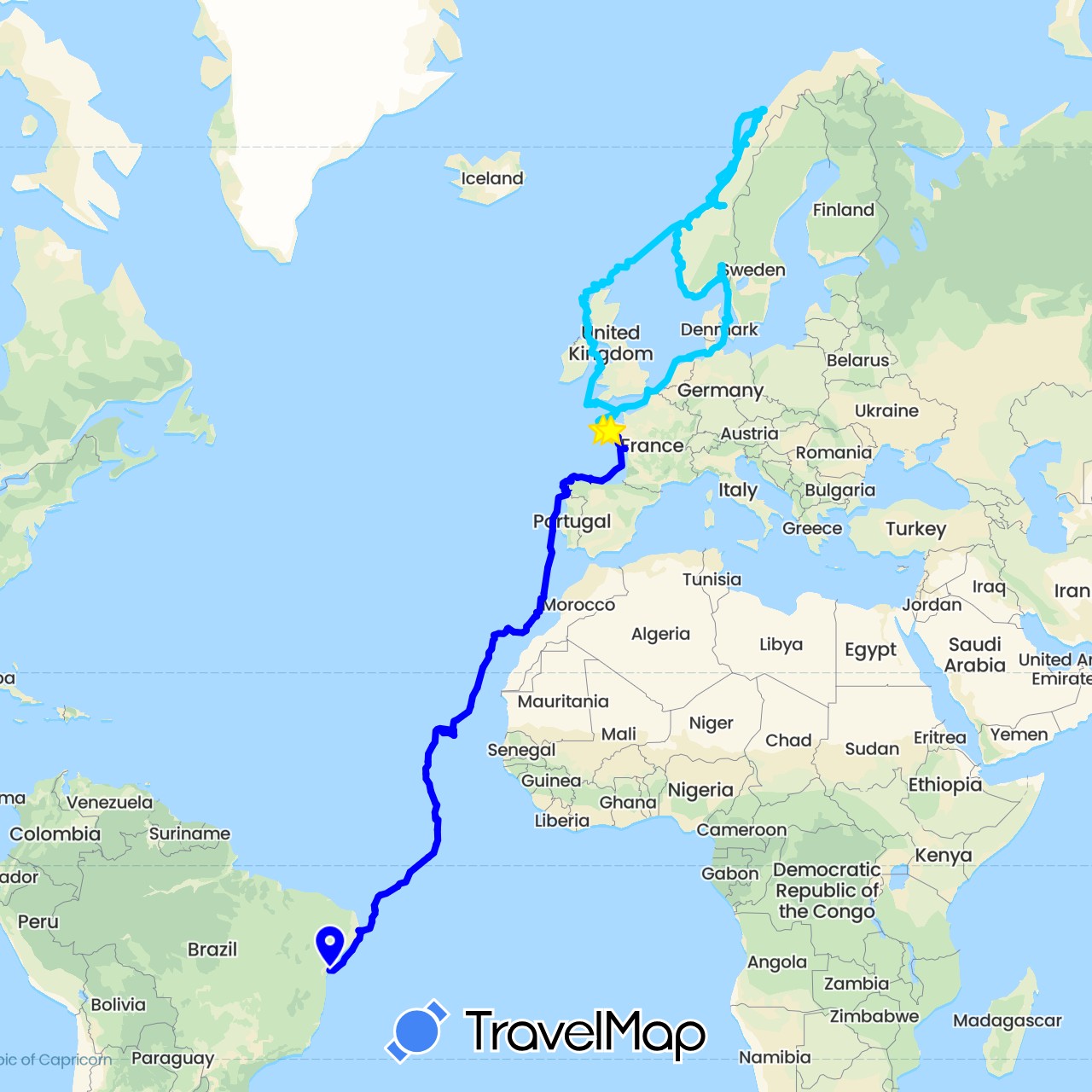 TravelMap itinerary: driving, 2025, 2026 in Brazil, Cape Verde, Germany, Denmark, Spain, France, United Kingdom, Guernsey, Morocco, Norway, Portugal, Sweden (Africa, Europe, South America)